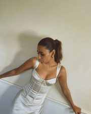Idli Kadai Actress Shalini Pandey in an Ivory White Satin Corset Dress Pictures 03