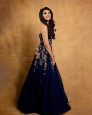 Sexy Krithi Shetty in an Elegant Blue Off shoulder Maxi Dress Photos 02