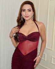 Sexy Punjabi Actress Zaara Yesmin in a Maroon Sleeveless Halter Neck Dress with a Sheer Navel and Maxi Skirt Photos 01