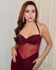 Sexy Punjabi Actress Zaara Yesmin in a Maroon Sleeveless Halter Neck Dress with a Sheer Navel and Maxi Skirt Photos 06