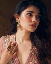 Striking Actress Krithi Shetty in a dusty rose embellished saree with gold jewelry photos 11