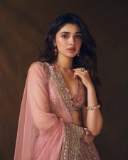 Striking Actress Krithi Shetty in a dusty rose embellished saree with gold jewelry photos 13