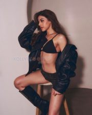 Sultry Actress Alaya F in a Black Bikini Top Studded Shorts Leather Jacket Photos 09