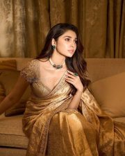 Telugu Actress Krithi Shetty in a Golden Embroidered Saree with Matching Blouse Pictures 04 Telugu Actress Krithi Shetty in a Golden Embroidered Saree with Matching Blouse Pictures 04