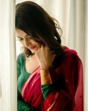 Tollywood Heroine Priyanka Jawalkar in a Maroon Cotton Saree Photos 04