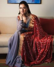 Alluring Actress Ashika Ranganath in a Red Bandhani Saree and Blue Grey V Neck Blouse Photos 05 Alluring Actress Ashika Ranganath in a Red Bandhani Saree and Blue Grey V Neck Blouse Photos 05