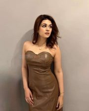 Arrdham Actress Shraddha Das in a Strapless Brown Faux Leather Midi Dress Pictures 01