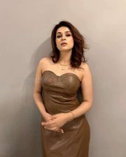 Arrdham Actress Shraddha Das in a Strapless Brown Faux Leather Midi Dress Pictures 02
