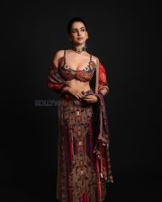 Attractive Sanya Malhotra in a Multi Colored Sleeveless Plunging Neckline Kamya Blouse with a Floor Length Skirt Pictures 02