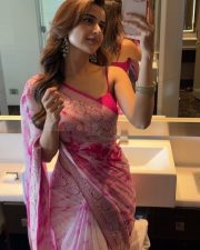 Beautiful Ashika Ranganath in a Pink Saree with a Sleeveless Blouse Photos 01