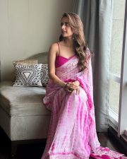 Beautiful Ashika Ranganath in a Pink Saree with a Sleeveless Blouse Photos 02