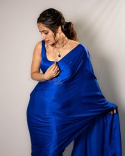 Beautiful Kannada Actress Ashika Ranganath in a Royal Blue Satin Saree Photos 04