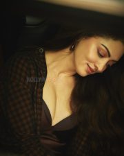 Bold Sandeepa Dhar in a Brown Satin Dress with an Oversized Checked Shirt Photos 02