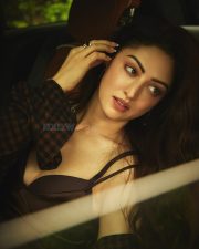 Bold Sandeepa Dhar in a Brown Satin Dress with an Oversized Checked Shirt Photos 04