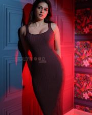Charming Telugu Actress Shraddha Das in a Dark Burgundy Ribbed Knit Bodycon Dress Pictures 03