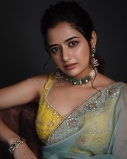 Dazzling Ashika Ranganath in a Yellow Sleeveless Blouse and Embroidered Saree Photos 01