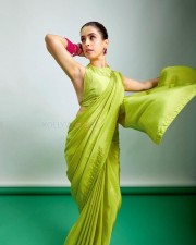 Dazzling Sanya Malhotra in a Lime Green Saree and Sleeveless Blouse Pictures 01
