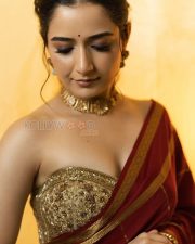 Elegant Actress Ashika Ranganath in a Maroon Silk Saree with Gold Border Photos 03