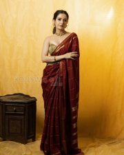Elegant Actress Ashika Ranganath in a Maroon Silk Saree with Gold Border Photos 06