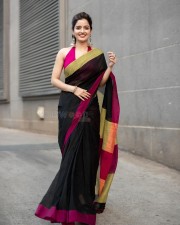 Elegant Ashika Ranganath in a Black Saree and Pink Sleeveless Blouse Pictures 02