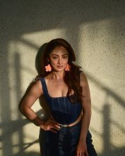 Firrkie Actress Sandeepa Dhar in a Dark Blue Denim Corset Style Crop Top with a Matching Dark Blue High Waisted Denim Jeans Photos 03