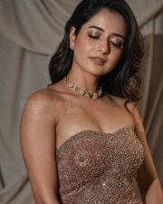 Glamorous Actress Ashika Rangnath in a Gold Embroidered Strapless Corset with Pink Saree Photos 02