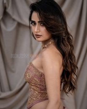 Glamorous Actress Ashika Rangnath in a Gold Embroidered Strapless Corset with Pink Saree Photos 05