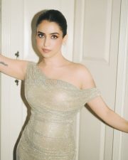 Glamorous Actress Sanya Malhotra in a Silver Off Shoulder Sparkle Gown Photos 08