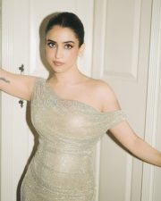 Glamorous Actress Sanya Malhotra in a Silver Off Shoulder Sparkle Gown Photos 08