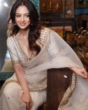 Glowing Sandeepa Dhar in an Off White Ivory Pure Crepe Saree with a Matching Gold Embroidered Blouse Pictures 04