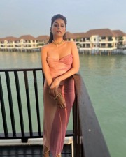 Hot Shraddha Das in a Beige Tube Style Ruched Maxi Dress Pictures 02