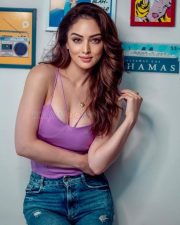 Hot and Sexy Punjabi Actress Sandeepa Dhar Busty Cleavage in a Purple Lilac Strappy Top and Distressed Denim Shorts Photos 01