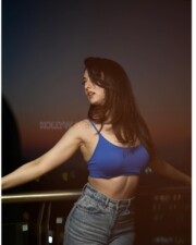 Hot and Trendy Sandeepa Dhar Showing Cleavage in Blue Bralette Pictures 01