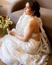 Jinguchaa Actress Sanya Malhotra in a Sheery Ivory Saree with a Backless Halter Neck Blouse Pictures 01