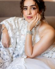 Jinguchaa Actress Sanya Malhotra in a Sheery Ivory Saree with a Backless Halter Neck Blouse Pictures 03
