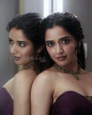 Kannada Heroine Ashika Ranganath in a Purple Crop Top with a Teal Blue Flared Skirt Photos 04