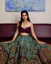 Kannada Heroine Ashika Ranganath in a Purple Crop Top with a Teal Blue Flared Skirt Photos 07