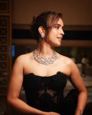 Mesmerizing Sanya Malhotra in a Black Taffeta Silk Gown with a Strapless Corset Style Bodice and Silk Skirt Pictures 01