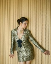 Mrs Actress Sanya Malhotra in a Gold Brocade Blazer Mini Dress Photos 02