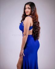 Naked The Lust Actress Archana Singh Rajput in a Blue Shoulder Strap High Slit Dress Photos 07