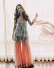 Rising Beauty Ashika Ranganath in a Light Blue Floral Embroidered Top with Flowing Palazzo Pants Photos 03
