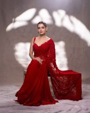 Sardar 2 Actress Ashika Ranganath in a Deep Red Saree with a Matching Sleeveless Blouse Photoshoot Pictures 01