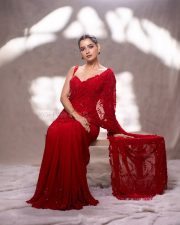 Sardar 2 Actress Ashika Ranganath in a Deep Red Saree with a Matching Sleeveless Blouse Photoshoot Pictures 03