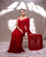 Sardar 2 Actress Ashika Ranganath in a Deep Red Saree with a Matching Sleeveless Blouse Photoshoot Pictures 03