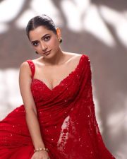 Sardar 2 Actress Ashika Ranganath in a Deep Red Saree with a Matching Sleeveless Blouse Photoshoot Pictures 04