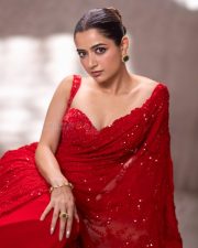 Sardar 2 Actress Ashika Ranganath in a Deep Red Saree with a Matching Sleeveless Blouse Photoshoot Pictures 05