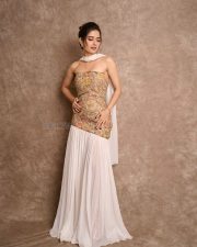 Sexy Beauty Ashika Ranganath in a Gold Embroidered Strapless Top with a White Skirt Photos 02