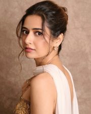 Sexy Beauty Ashika Ranganath in a Gold Embroidered Strapless Top with a White Skirt Photos 03
