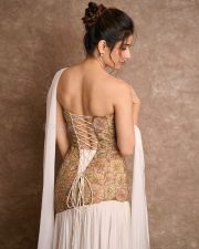 Sexy Beauty Ashika Ranganath in a Gold Embroidered Strapless Top with a White Skirt Photos 05