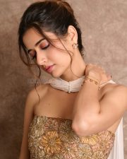 Sexy Beauty Ashika Ranganath in a Gold Embroidered Strapless Top with a White Skirt Photos 07